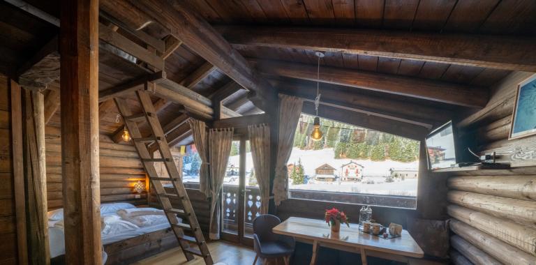 Cozy wooden chalet with a view of snowy mountains.